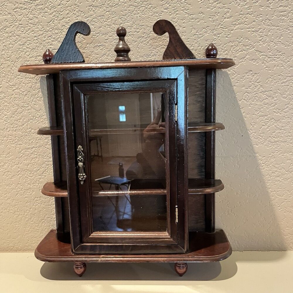Vintage Small Cabinet Wood 2 Shelves Glass Door Footed Wall Hanging 17" - Picture 2 of 13